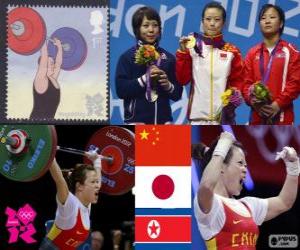 Puzzle Άρση βαρών γυναικών 48 kg πόντιουμ, Wang Mingjuan (Κίνα), Hiromi Miyake (Ιαπωνία) και Ryang Chun-Hwa (Βόρεια Κορέα) - London 2012-